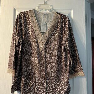 Schein long sleeved brown and white v neck blouse size L & XL